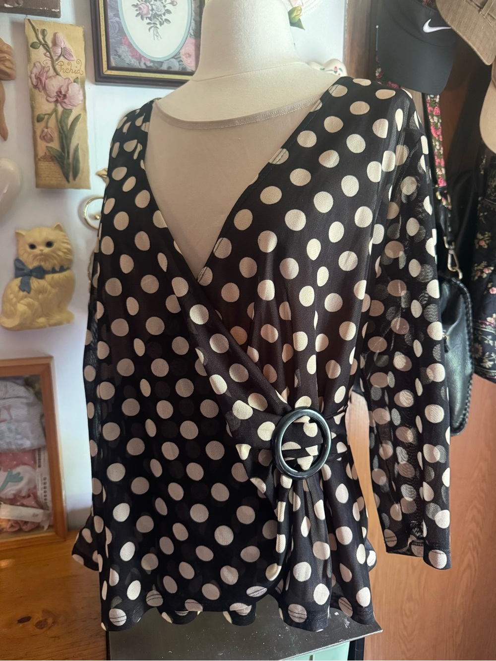 Notations Black and White Polka Dot Wrap Blouse with Buckle